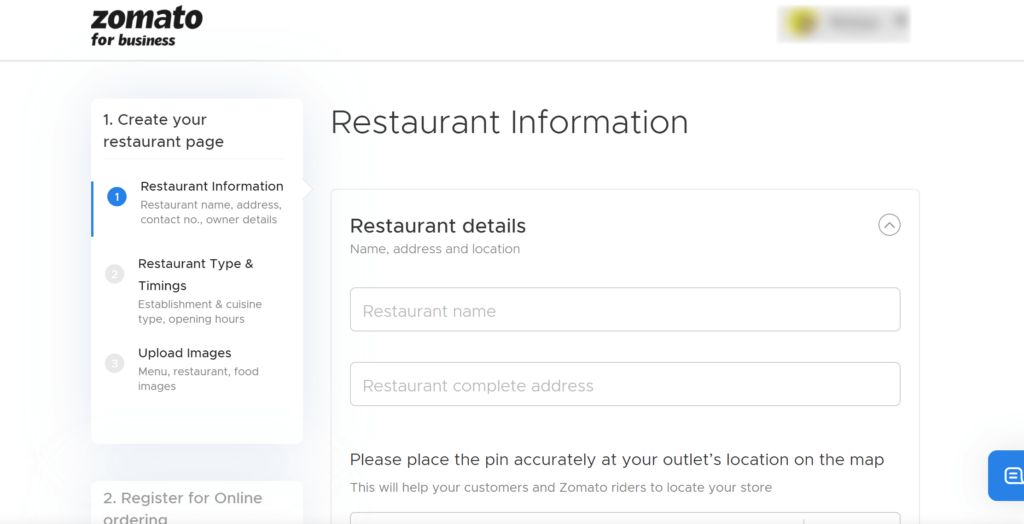 Fill the restaurant information